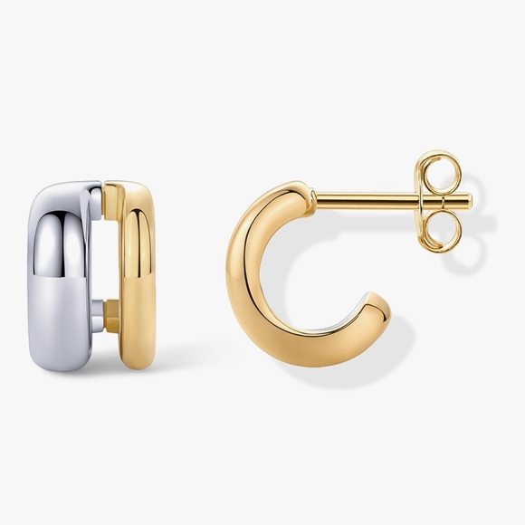Planet Gold Jewelry - 14K Gold Plated and Rhodium Plated Two Tone Double Hoop Geometric Earrings
